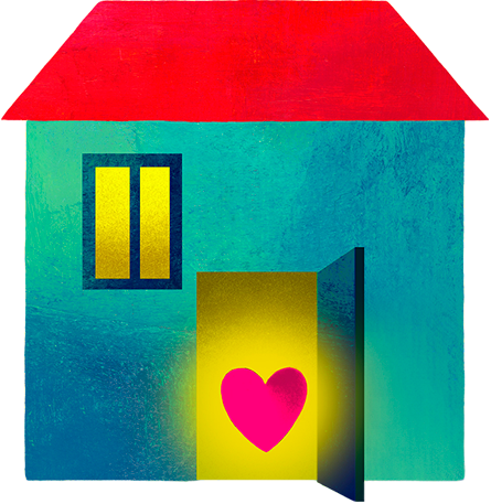 Illustration of a heart in the open doorway of a home